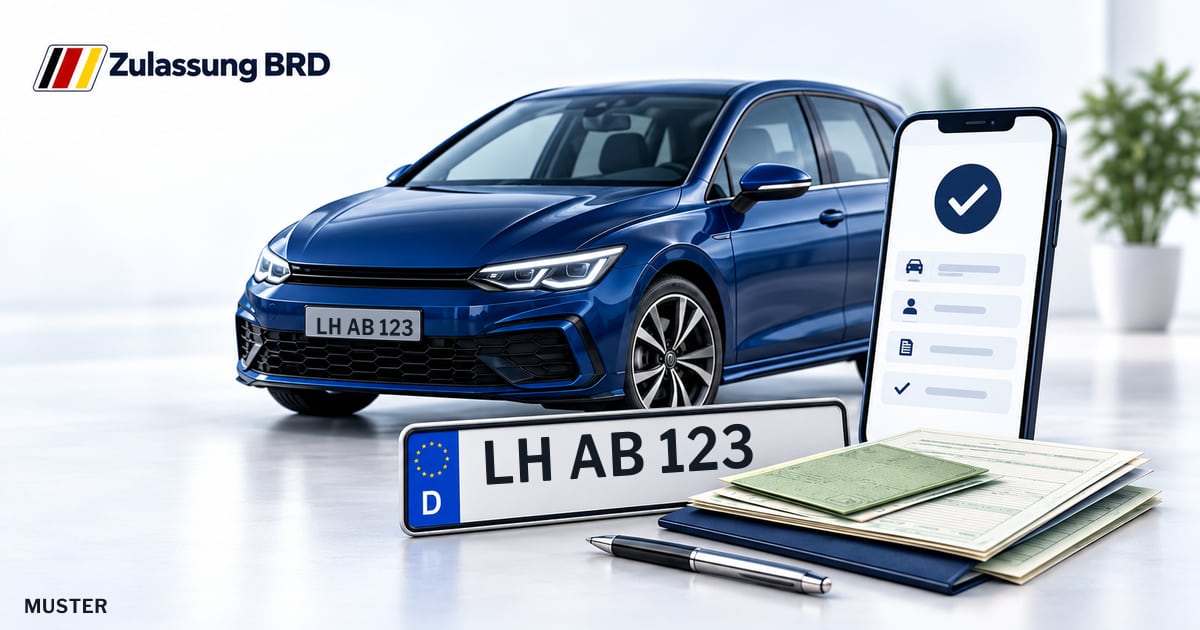 Online Fahrzeugzulassung in Senden: Musterkennzeichen LH AB 123, Auto und Fahrzeugpapiere und Smartphone. Illustration mit Logo von Zulassung BRD.